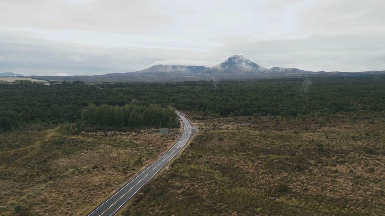 Winding Road Through Forest to Mountains