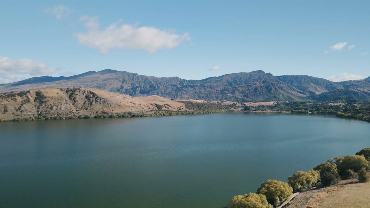 Aerial View of Scenic Lake and Mountains