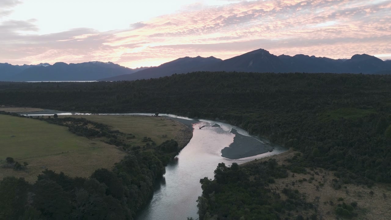 River Landscape with Mountains at Sunset
