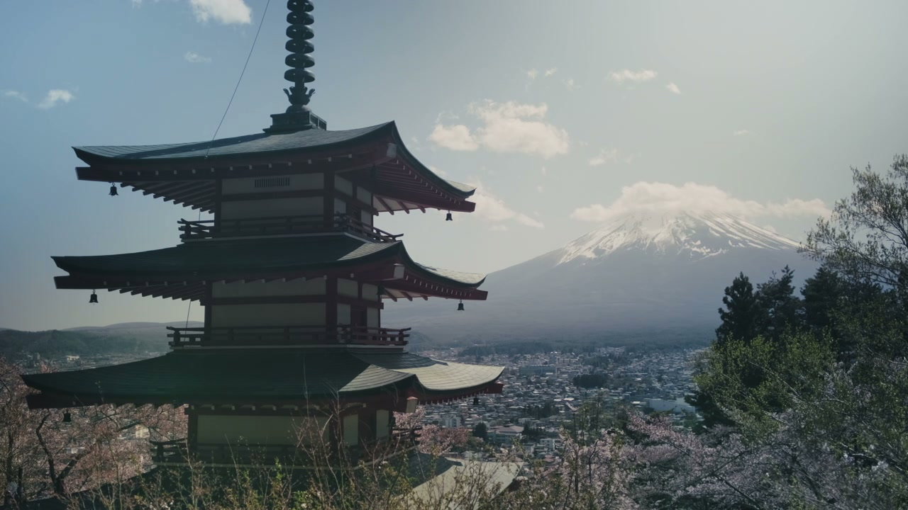 Chureito Pagoda with Mount Fuji and Cherry Blossoms