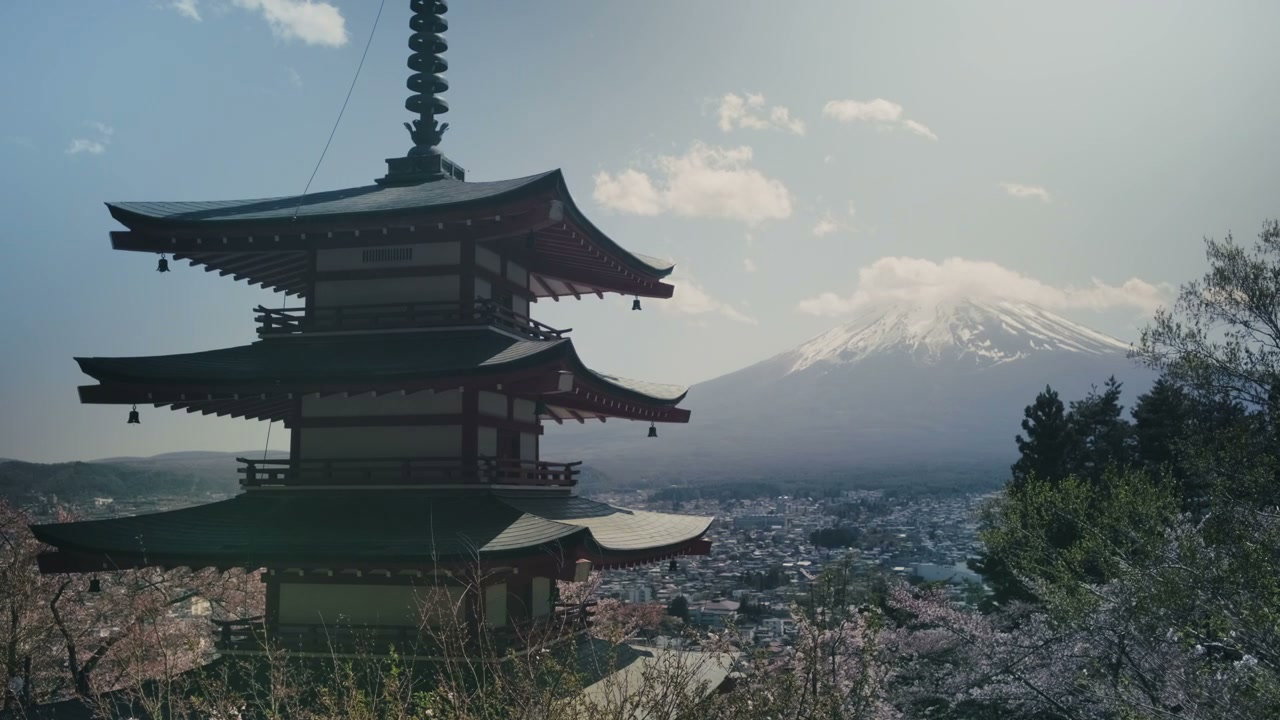 Chureito Pagoda and Mount Fuji with Cherry Blossoms