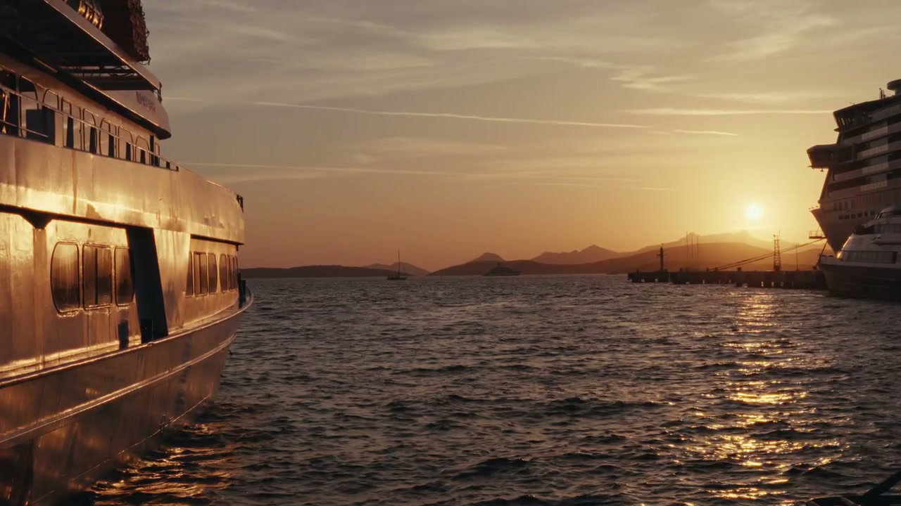 Ships Docked at Port at Sunset