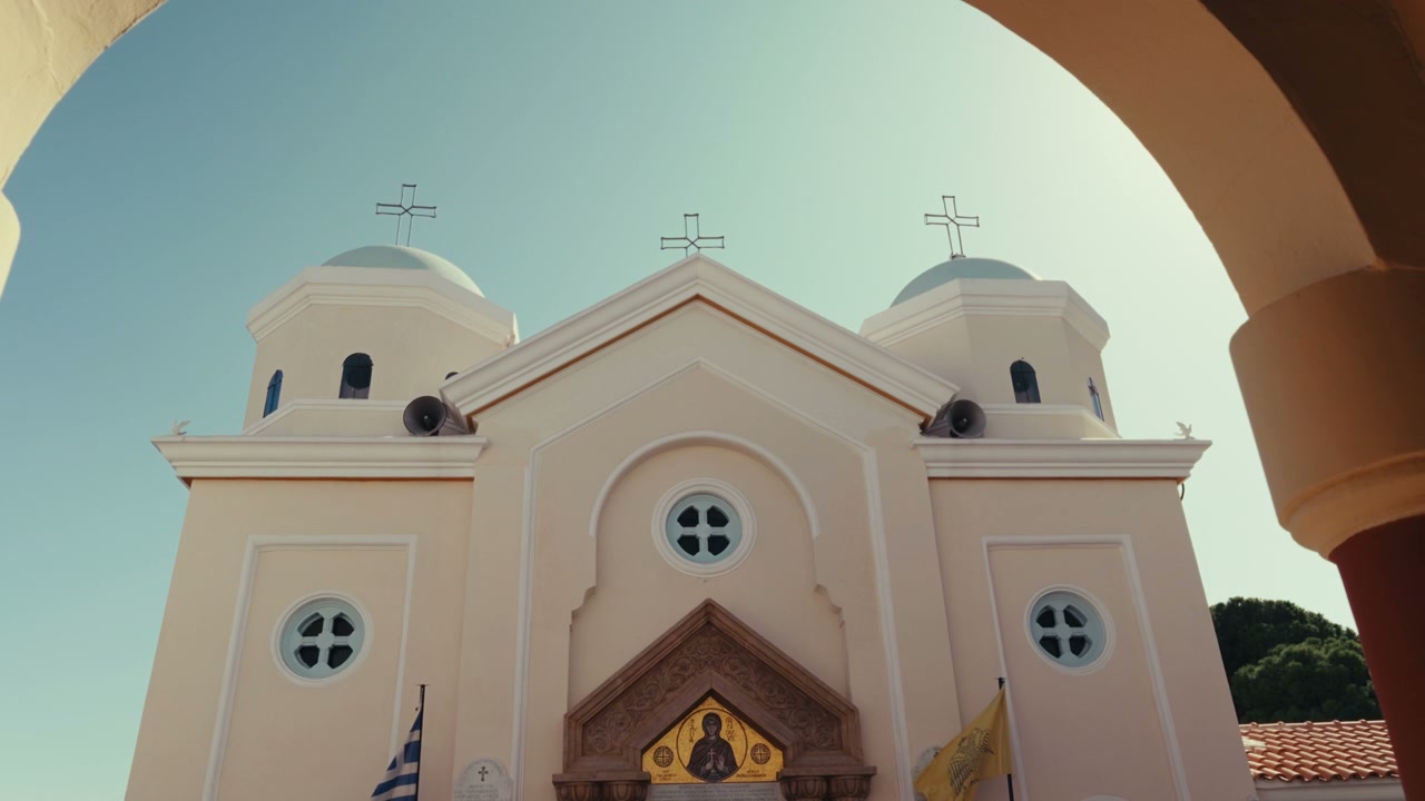 Greek Orthodox Church Facade Framed by Arch