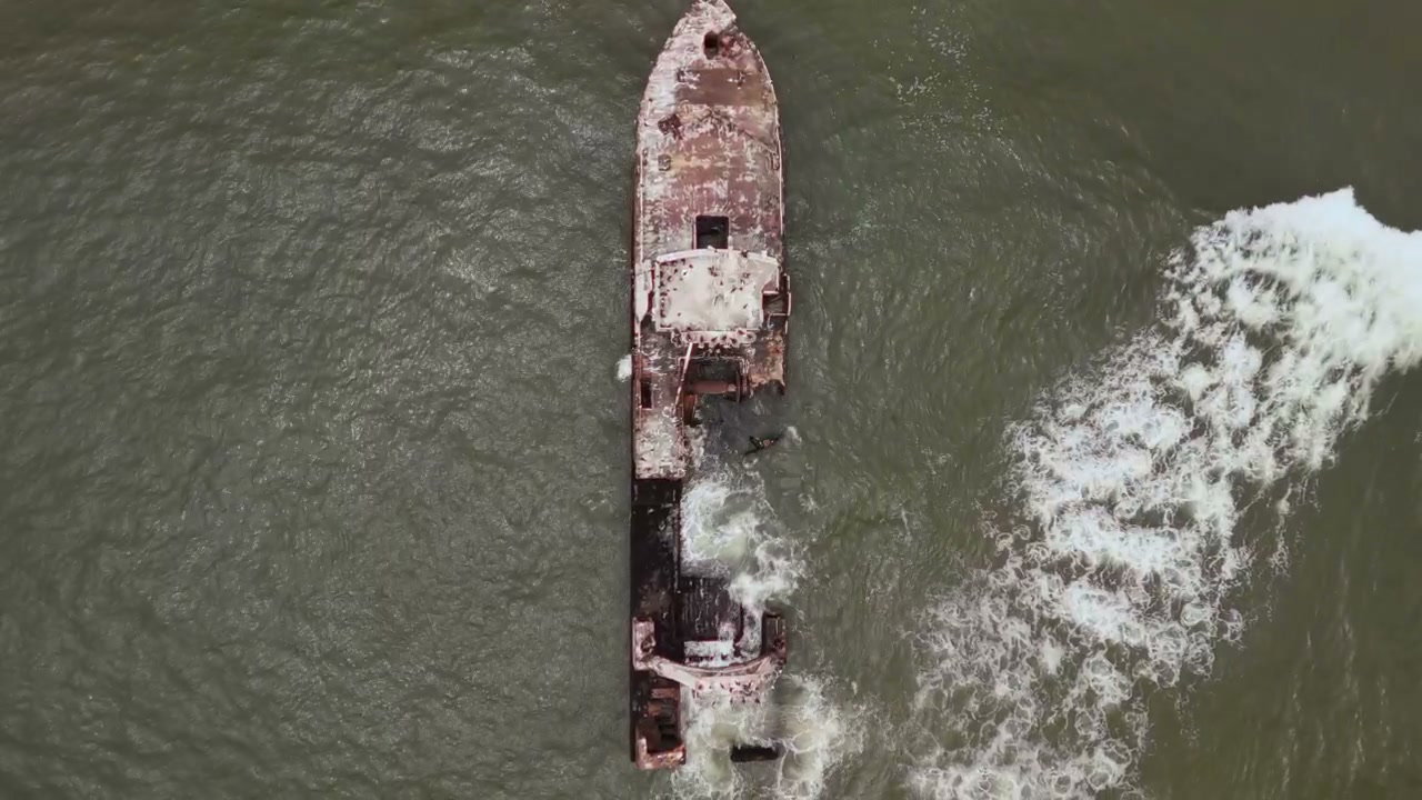 Aerial Top-Down View of Shipwreck in Ocean