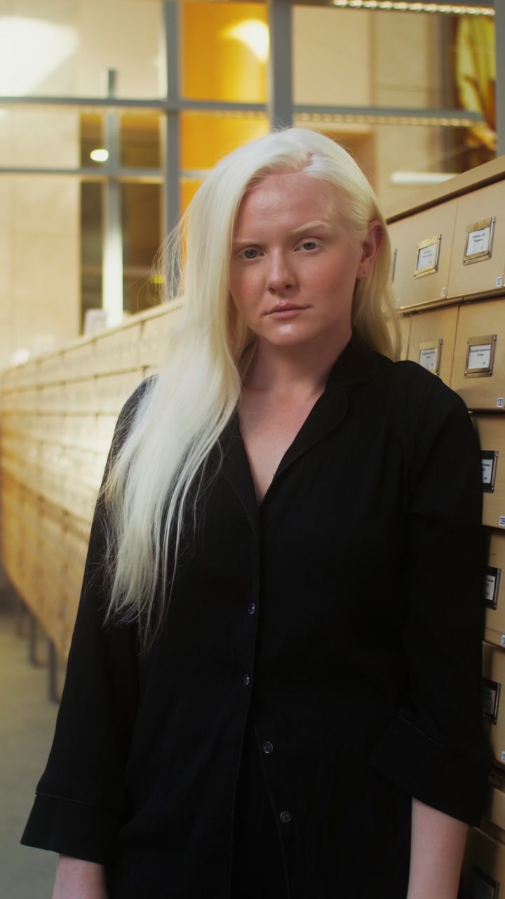 Albino Woman Posing by Library Card Catalog
