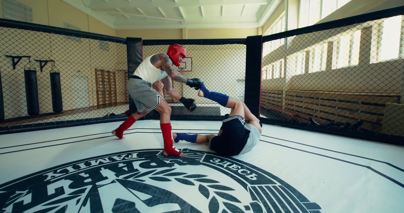MMA Fighters Grappling in Octagon Cage