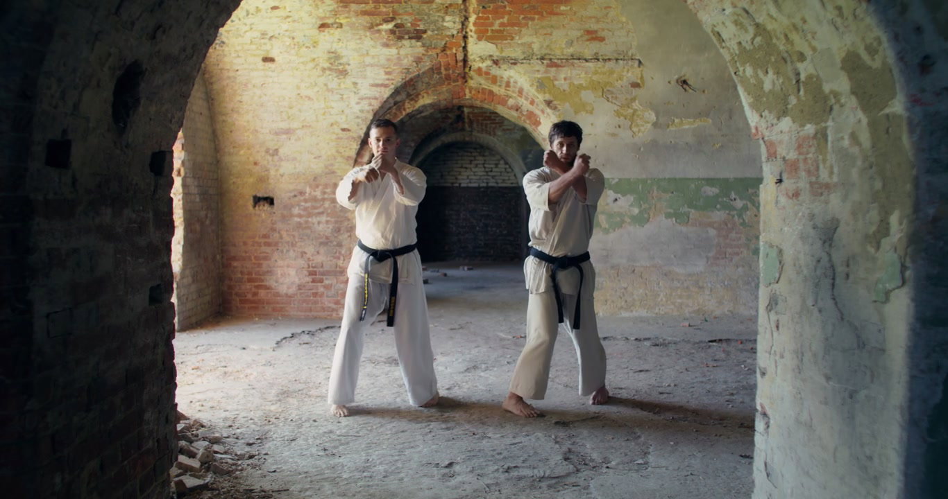 Men Practicing Synchronized Karate Blocks